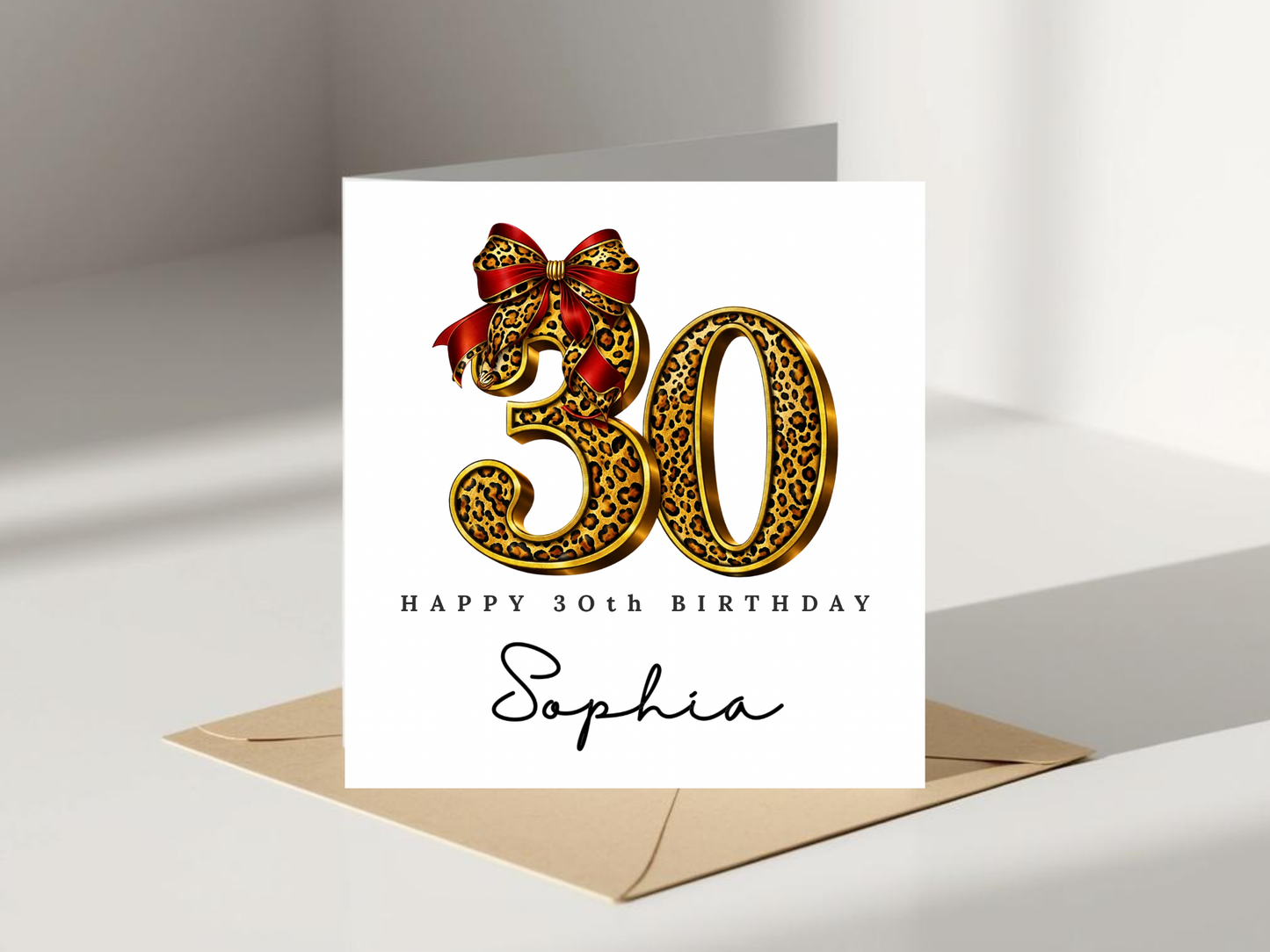 Personalised 30th Birthday Card - Leopard Print Bow Design