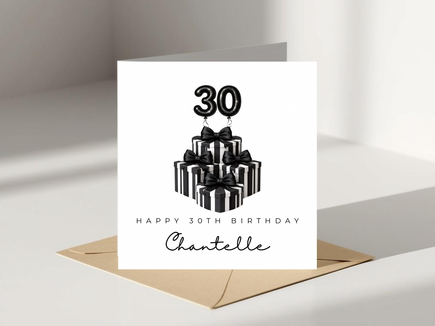 Personalised 30th Birthday Card - Elegant Monochrome Gift Box Design