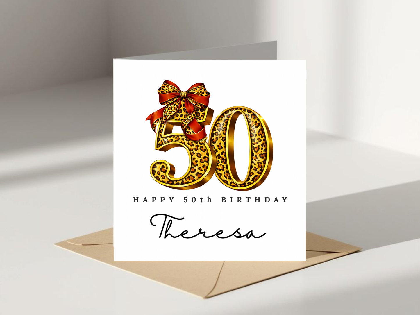 Personalised 50th Birthday Card - Leopard Print Bow Design