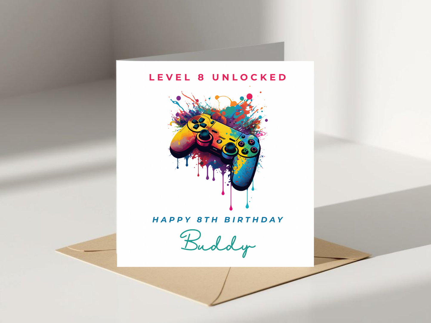 Personalised Gamer 8th Birthday Card - Level 8 Unlocked Gaming Card for Boys, Custom Name Birthday Card