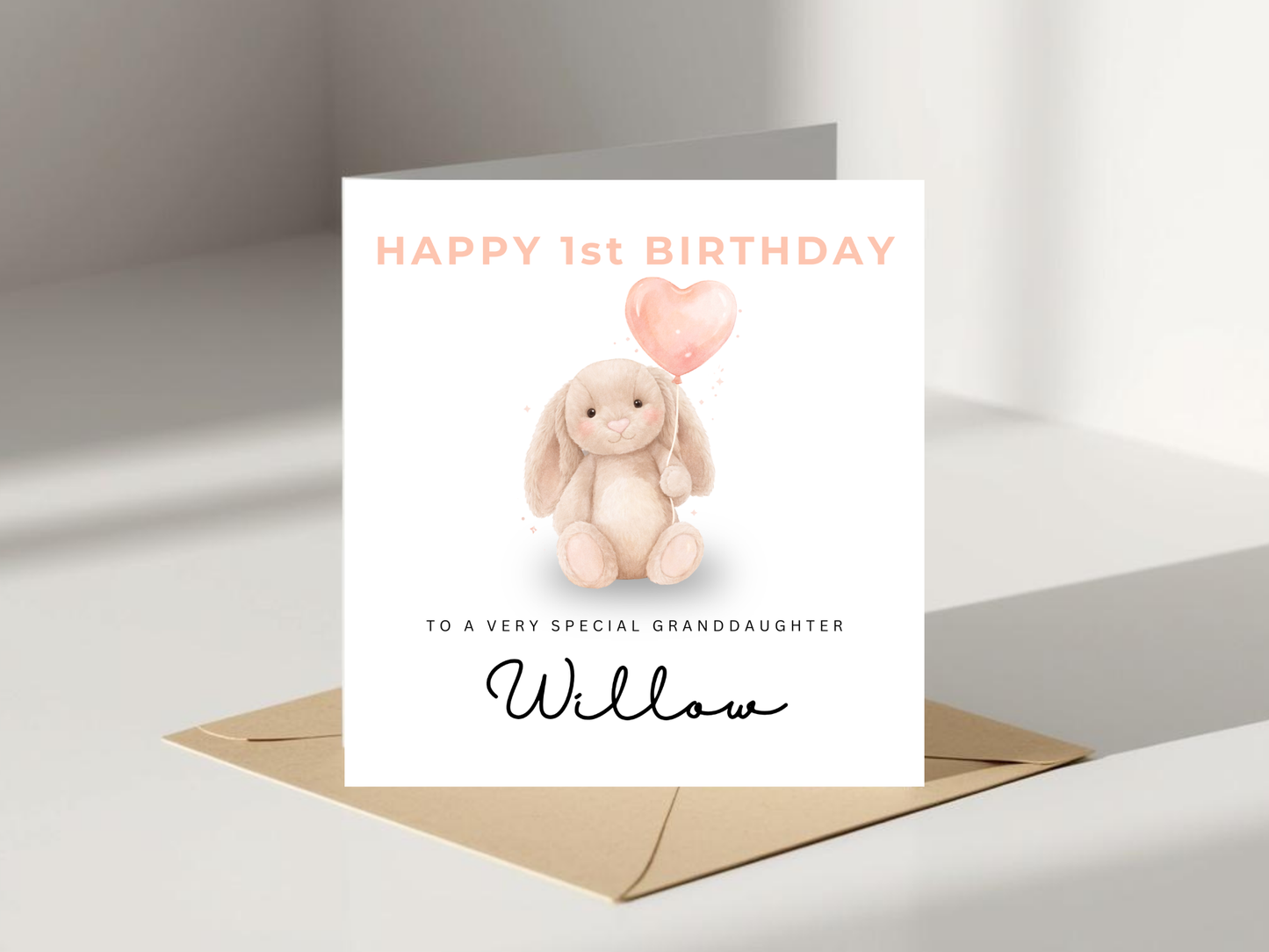 Personalised 1st Birthday Card - Bunny & Heart Balloon