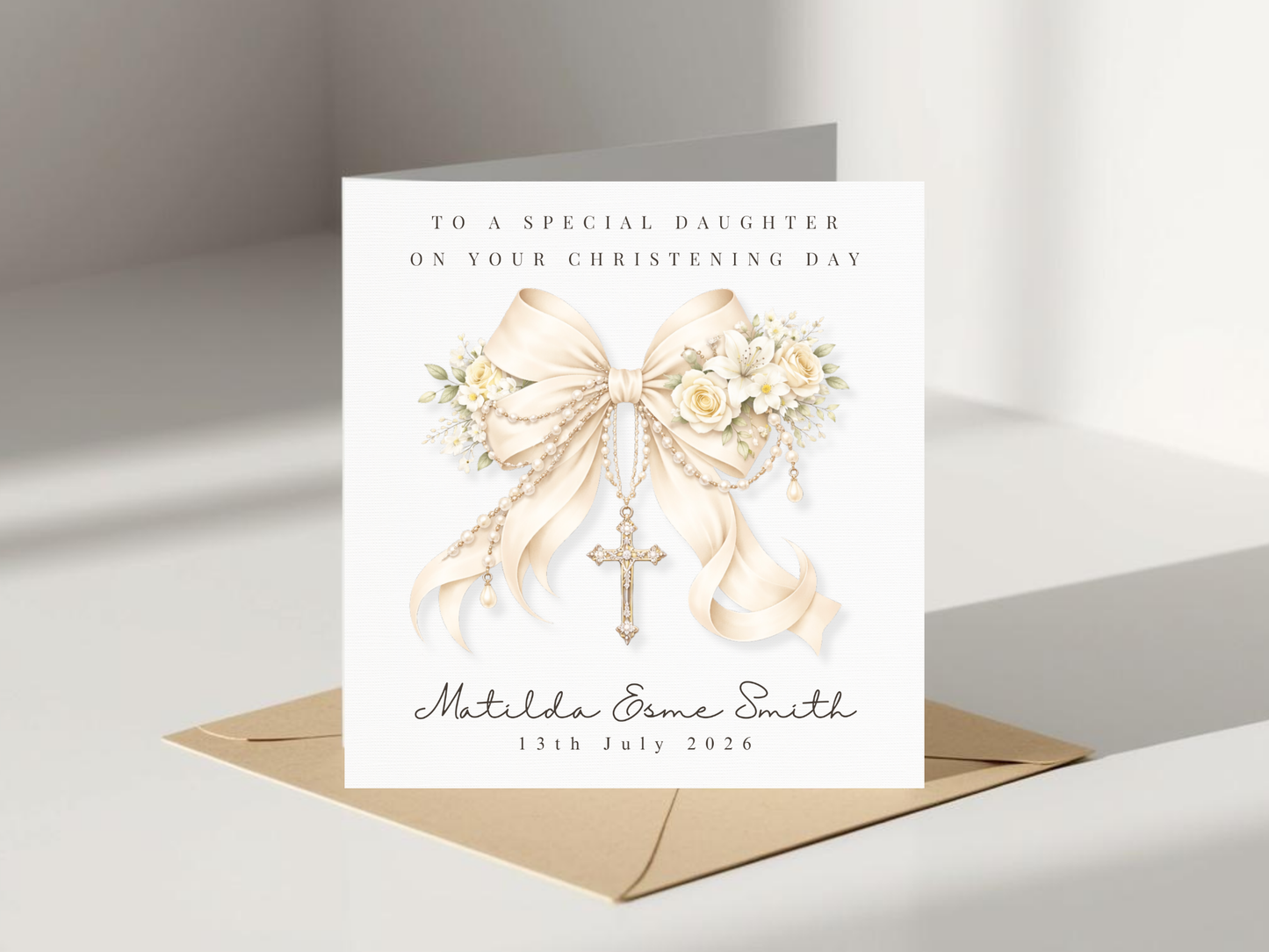 Personalised Christening Card for Daughter - Luxury Linen Keepsake Card with Name and & Date