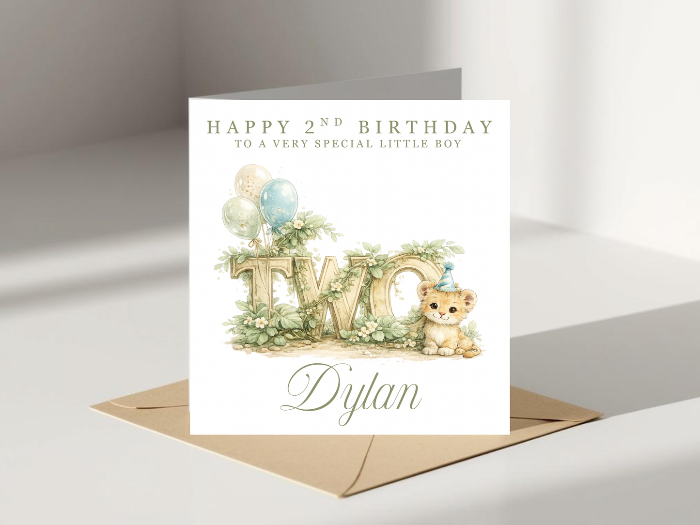 Personalised 2nd Birthday Card for Boy or Girl -Baby Cub Birthday Party Theme