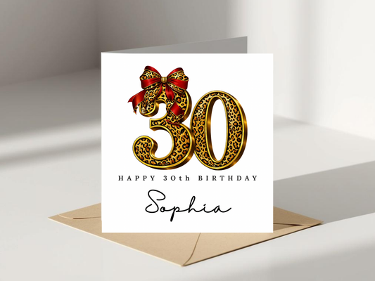 Personalised 30th Birthday Card - Leopard Print Bow Design