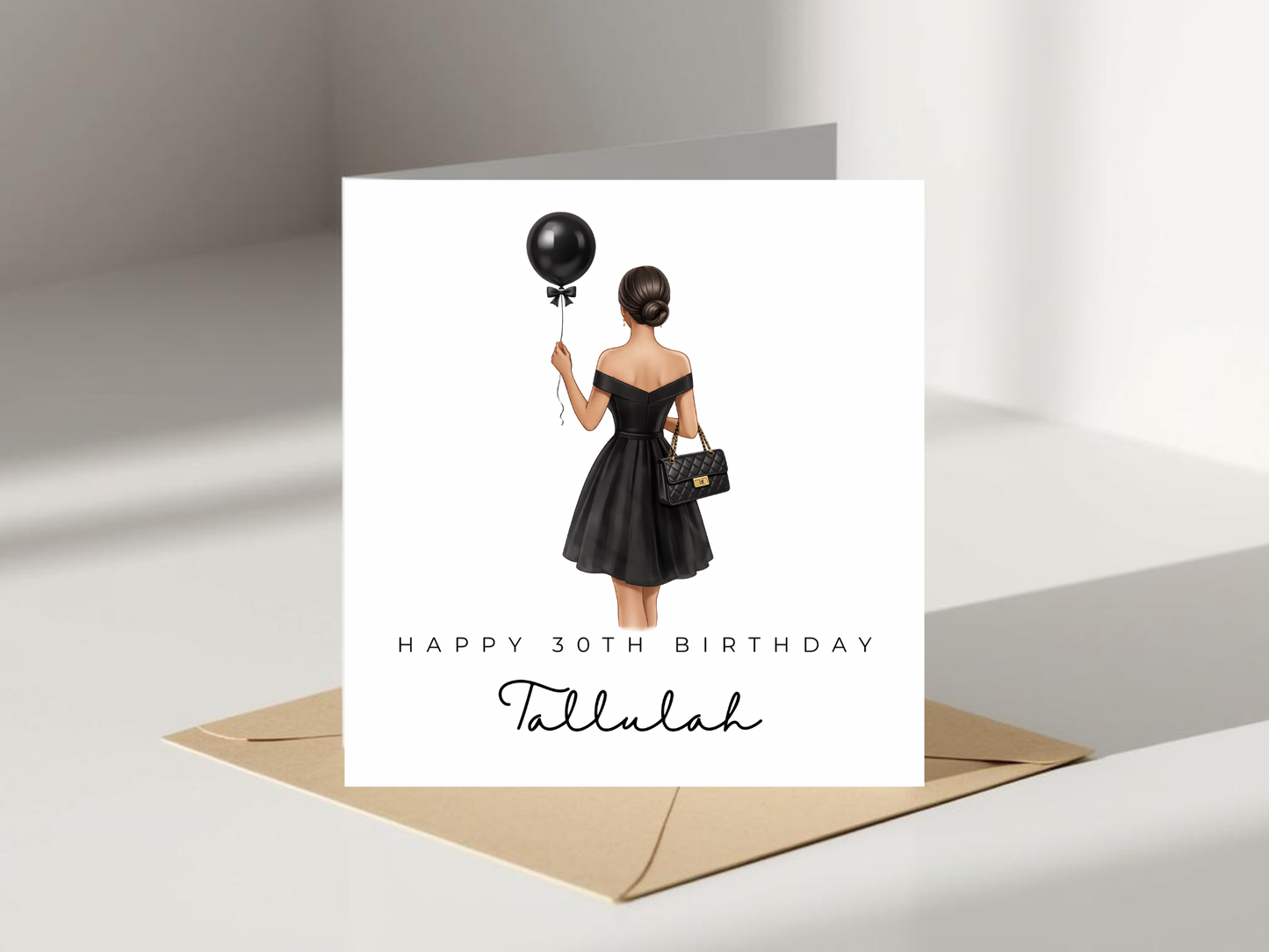 Personalised 30th Birthday Card for Her - Elegant Black Dress Birthday Card, Custom Name Milestone Card