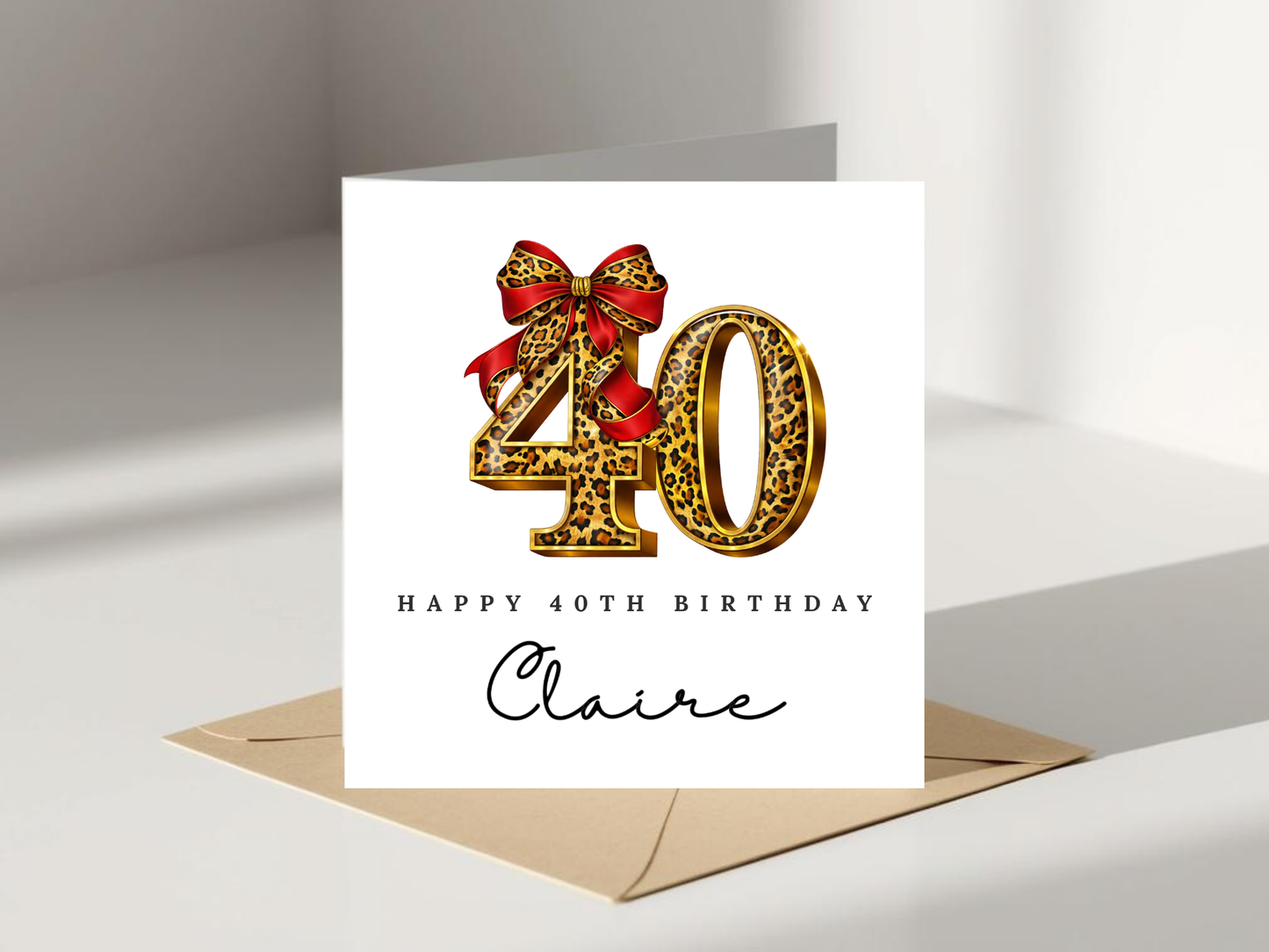 Personalised 40th Birthday Card - Leopard Print Bow Design