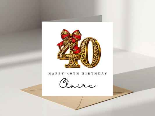 Personalised 40th Birthday Card - Leopard Print Bow Design