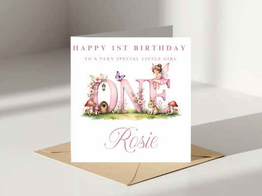 Personalised 1st Birthday Card for Girl - Fairy Garden Design - Special Little Girl